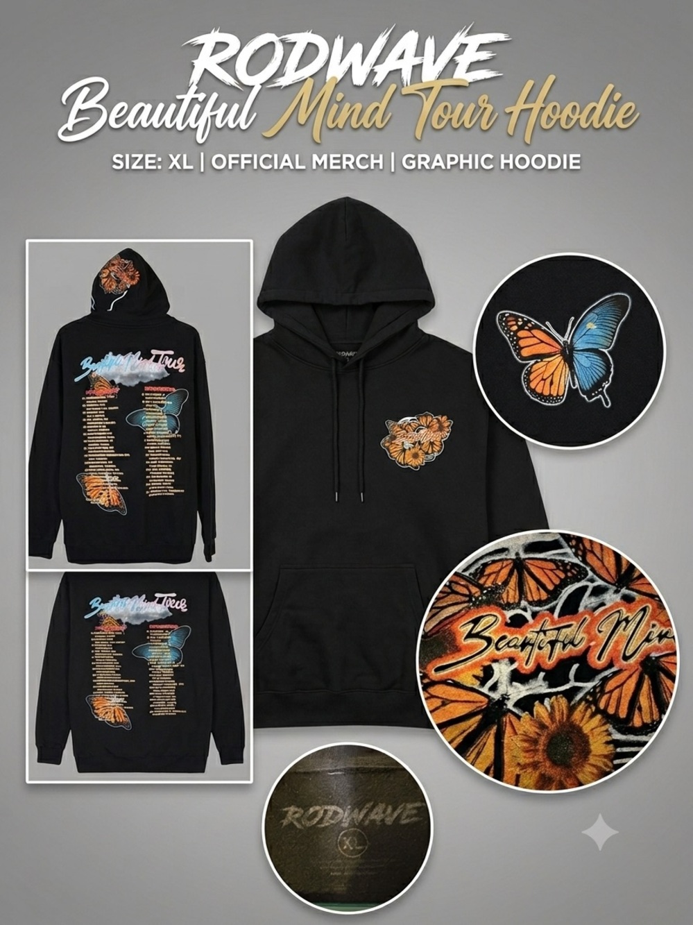 Rod Wave Beautiful Mind Tour Hoodie Black Size XL Concert Merch-2022-Preloved